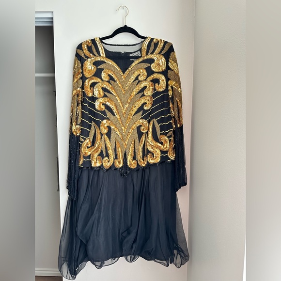 Vintage Black and Gold Beaded Dress by Xoanon - Picture 1 of 16